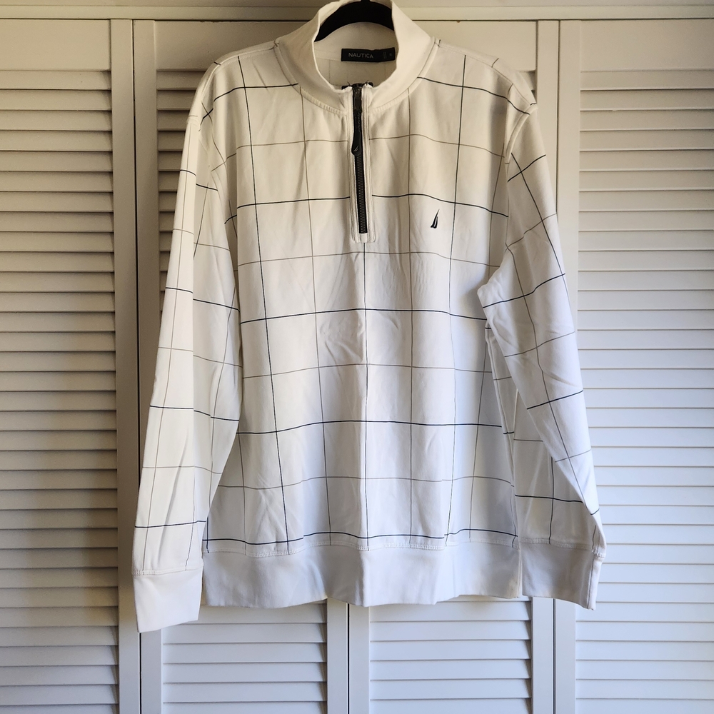 Nautica Men's Zip-Up Sweater in White with Black Check Pattern